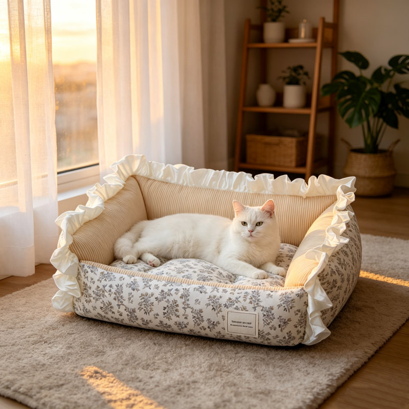 Lit pour chien à volants avec housse amovible et lavable, canapé-lit de style campagnard français pour chat, canapé en coton doux pour animaux de petite et moyenne taille