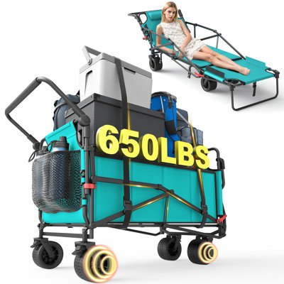 2-in-1 Foldable Garden Cart & Convertible Beach Chair, 650LBS Capacity, Adjustable Backrest, All-Terrain Utility Wagon