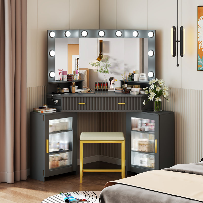Ensemble de coiffeuse de maquillage moderne avec miroir et armoires Modern Corner, Gris