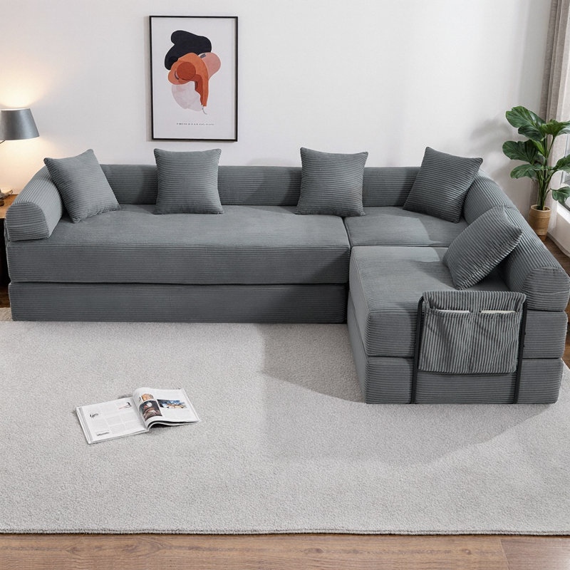 Convertible Folding L-Shaped Boneless Sectional Sofa Bed, Cloud Corduroy Fabric Sleeper with Memory Foam Mattress, 6 Configurations for Living Room, No Assembly Required