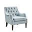 Siège capitonné de style rétro, bois massif, revêtement bleu cendré, fauteuil confortable, coussin en mousse haute, pieds en bois, transitionnel-1359172089