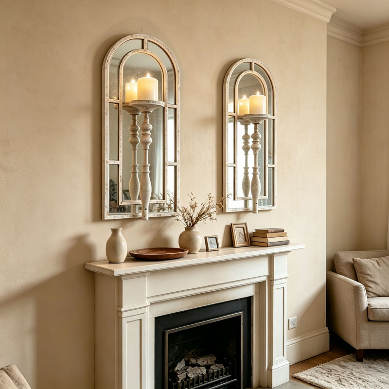 Ensemble de 2 appliques murales vintage à miroir, bougeoirs muraux de style campagnard, appliques à miroir arquées à l'aspect vieilli pour salon, foyer, salle à manger et entrée.