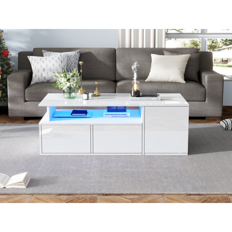 Brivon Modern LED Coffee Table With Ample Storage And Durable Particleboard Construction, Blanc
