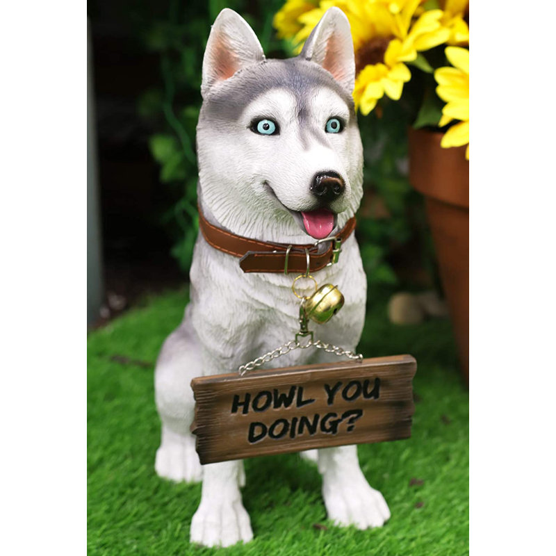Statue de chien de traîneau Husky de Sibérie réaliste de 13 po de haut avec collier en jingle et panneau de bienvenue Red Barrel Studio®