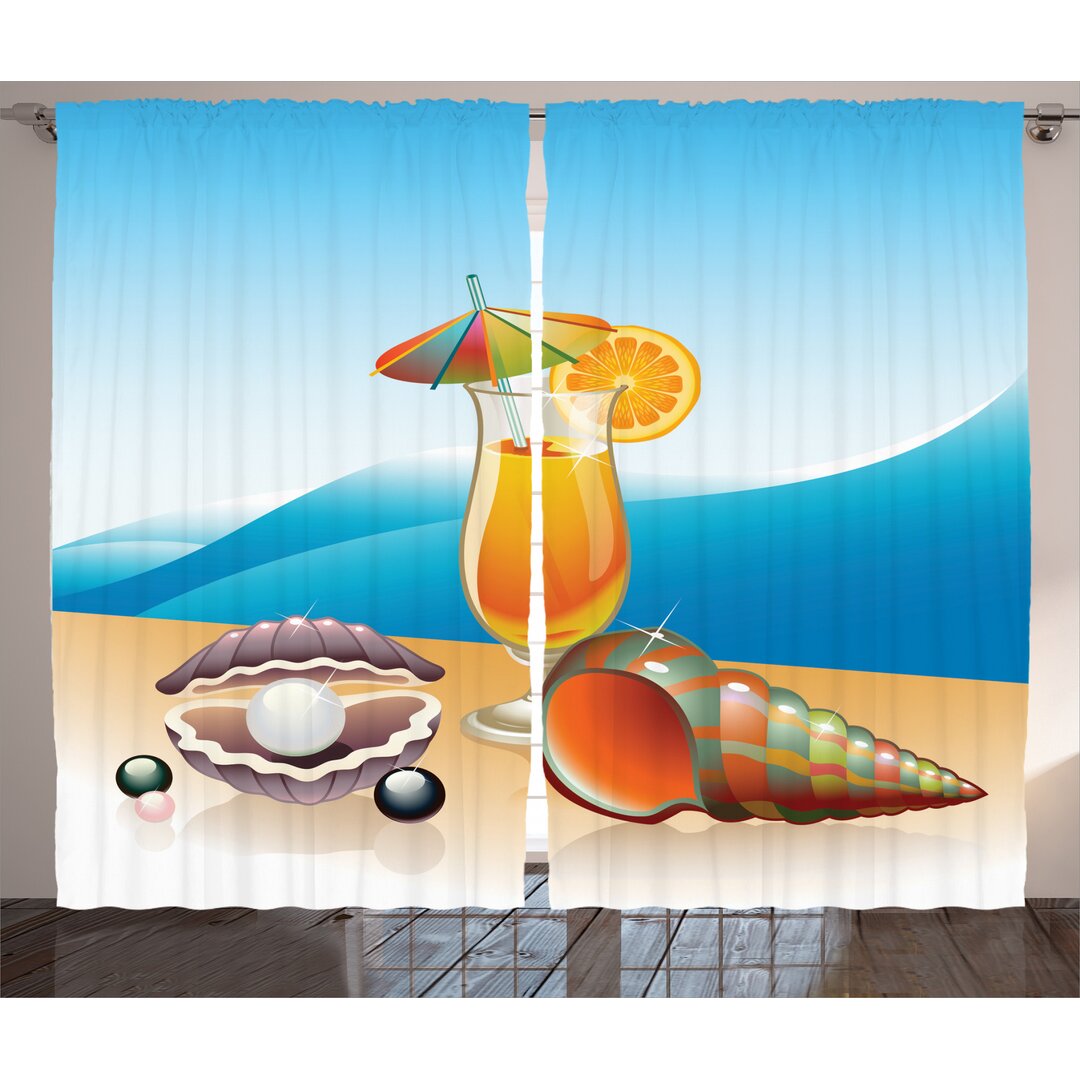 Rustikaler Vorhang, Seascape Summer Beach, Karikatur, Blau Orange Lila