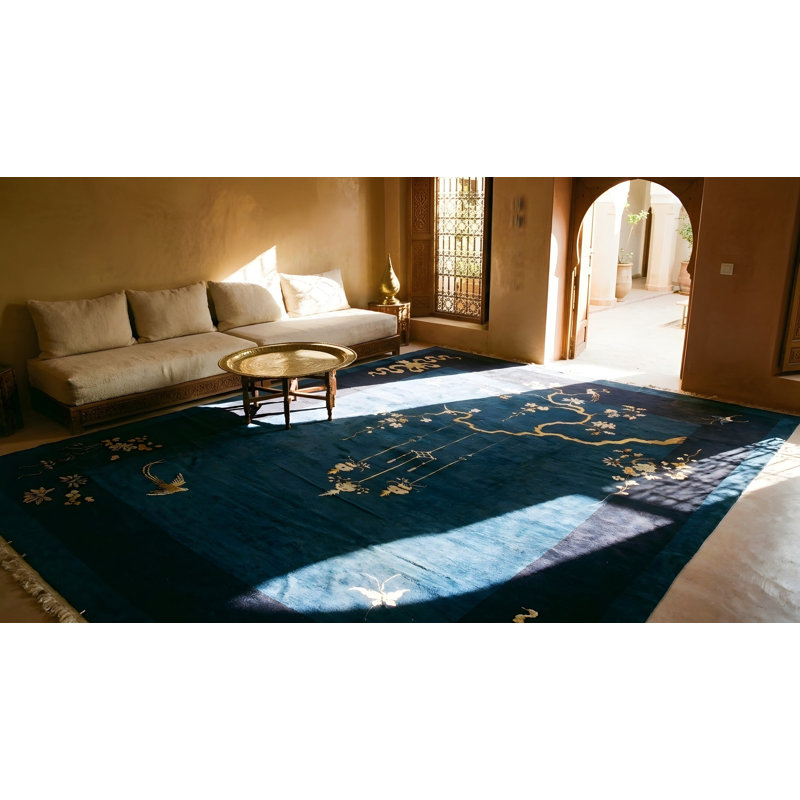 Tapis bleu antique rectangulaire en laine noué à la main de pièce de style chinois des années 1920