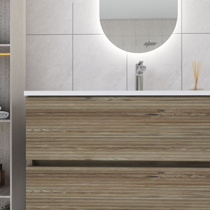 Meuble-lavabo simple mural 36 po en chêne avec plateau en céramique intégré blanc