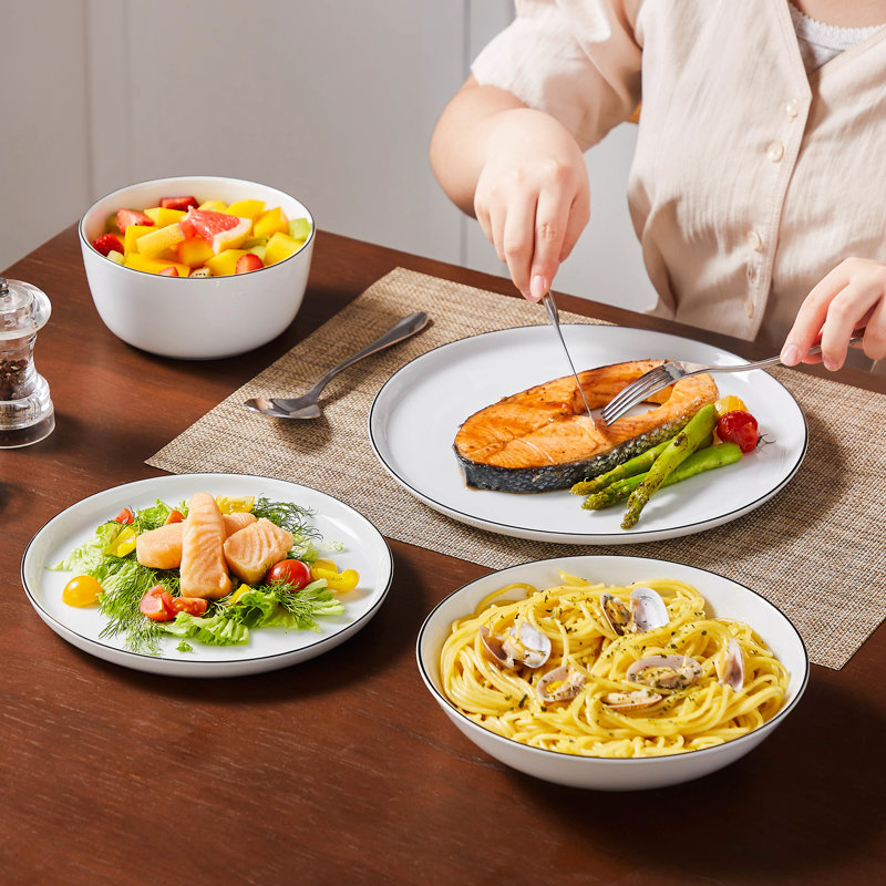 Piece Porcelain China Dinnerware Set - Service for 4, White/Black