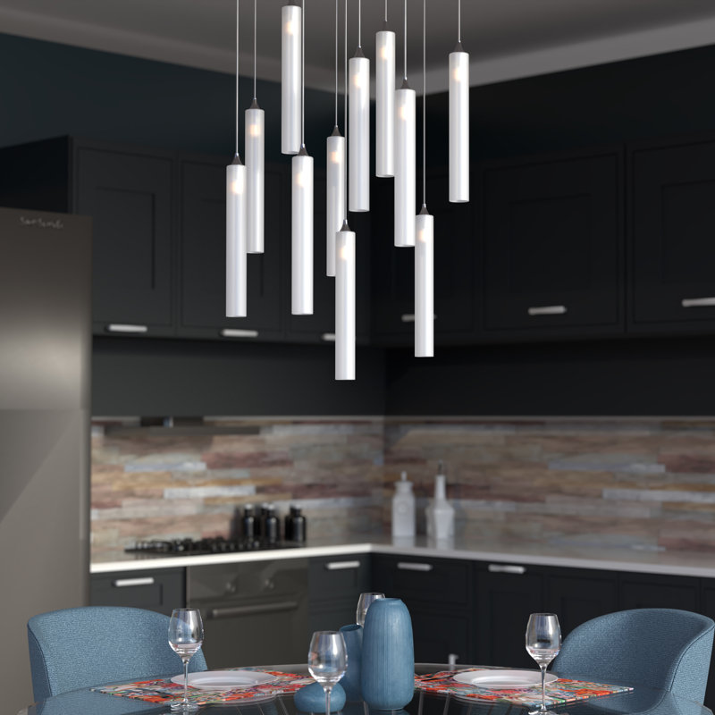 Rainfall 11 Frosted White Glass Pendants Chandelier, Chrome, 84"