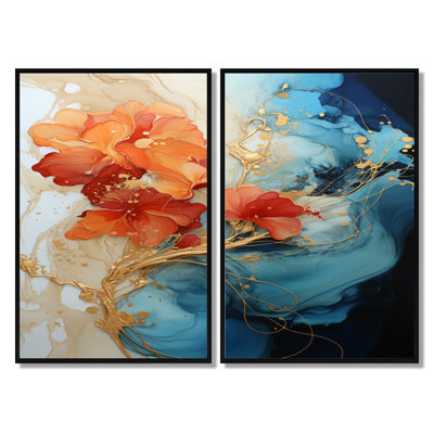 Orange Teal Abstract Fractal - Fractals Wall Art Decor, Orange Abstract Canvas Print Set of 2