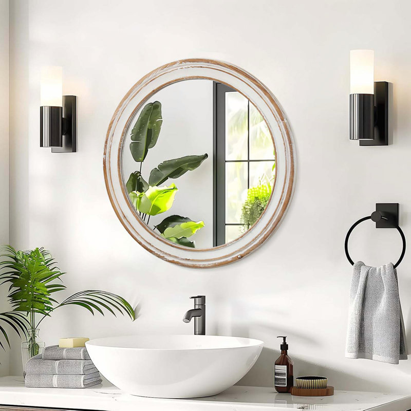 27.5 Inches Round Wall Mirror with Distressed Wooden Frame for Bathroom, Bedroom, and Living Room Decor, 27.56" x 27.56"