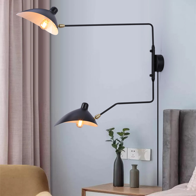 Vintage Modern Black Rotatable Plug In Wall Sconce, 2-light Double Swing Arm Metal Wall Lamp For Bedroom