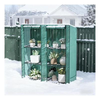 Portable Lean-To Greenhouse with Three-Tier Wire Shelving and Heavy Duty HDPE Cover for Outdoor Garden