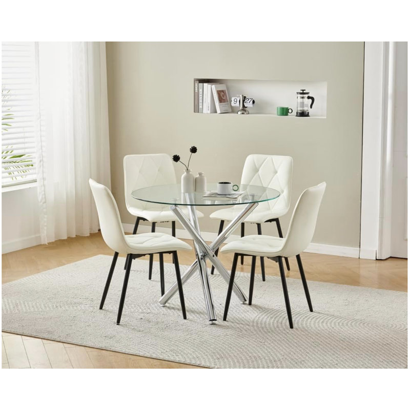 Dining Set, 4 Argyle Grid White Leather Chairs