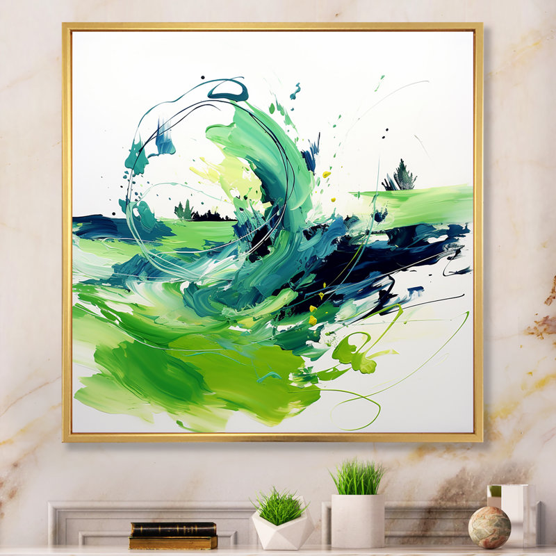 «White and Green Abstract Ink Expression I», art mural abstrait, H 36 po x l 36 po x P 1,5 po, Cadre flottant doré