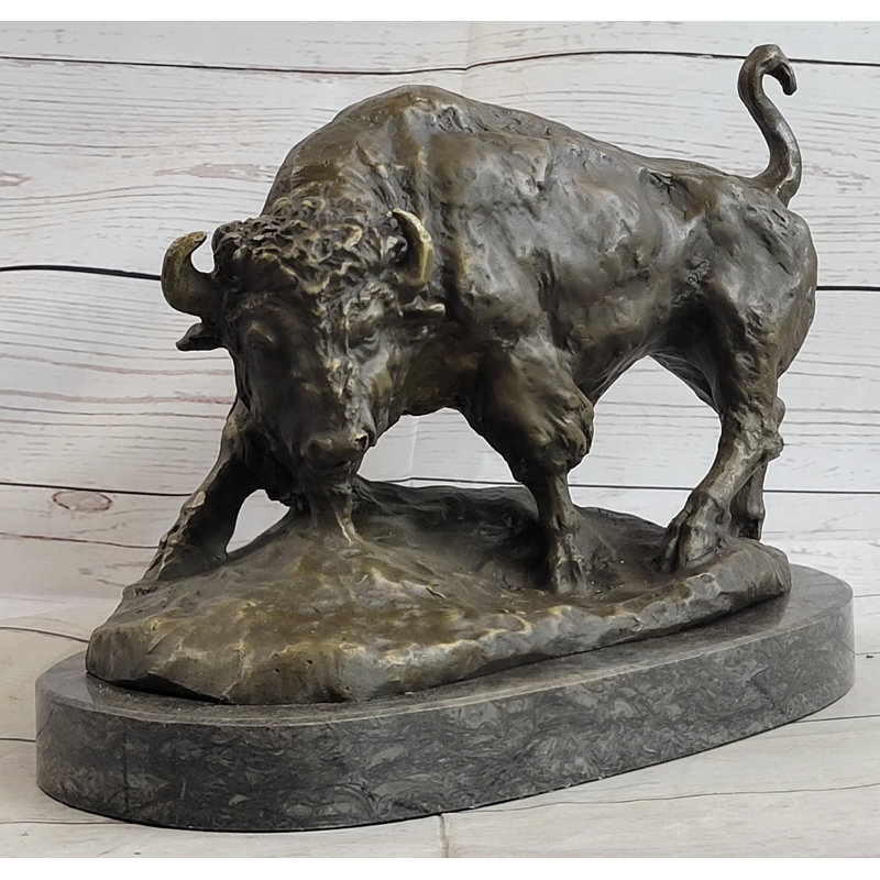 Abdikhaliq American Buffalo Bison Bull Bronze Sculpture By Barye On Marble Base Figure Art