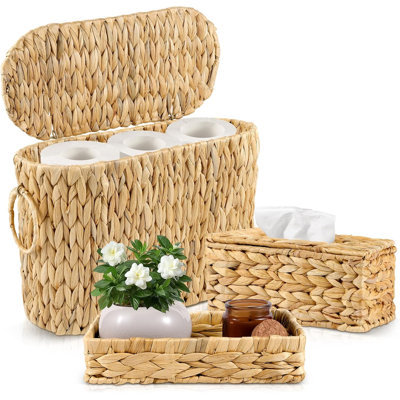3 Pcs Toilet Paper Storage Basket With Lid, Wicker Bathroom Accessories Set With Water Hyacinth Toilet Paper Basket, Tissue Box And Tray For Bedroom Kitchen Living Room Organizer