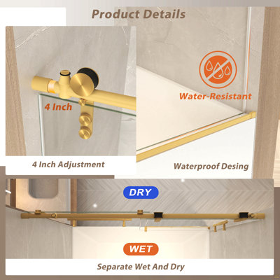 Porte de baignoire coulissante sans cadre de 56 à 60 po x 66 po, porte de douche pour baignoire, verre trempé transparent de 5/16 po (8 mm), cadre en acier inoxydable, or brossé