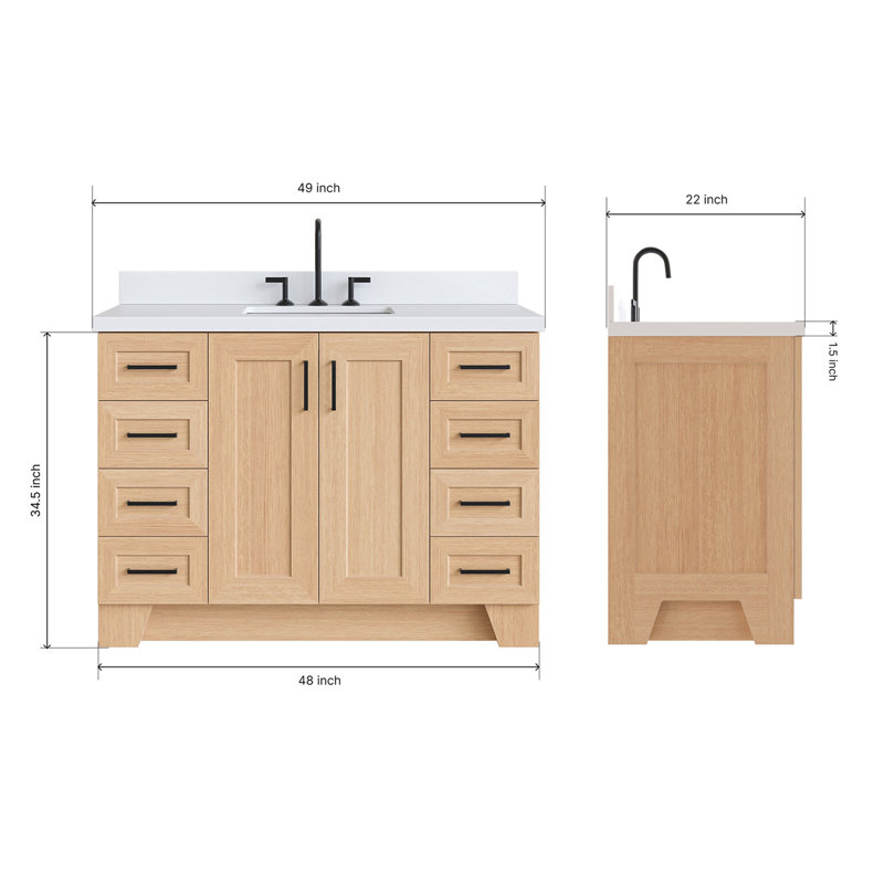 Freitas 48'' Solid Wood Single Bathroom Vanity, White, Rectangle, White Quartz