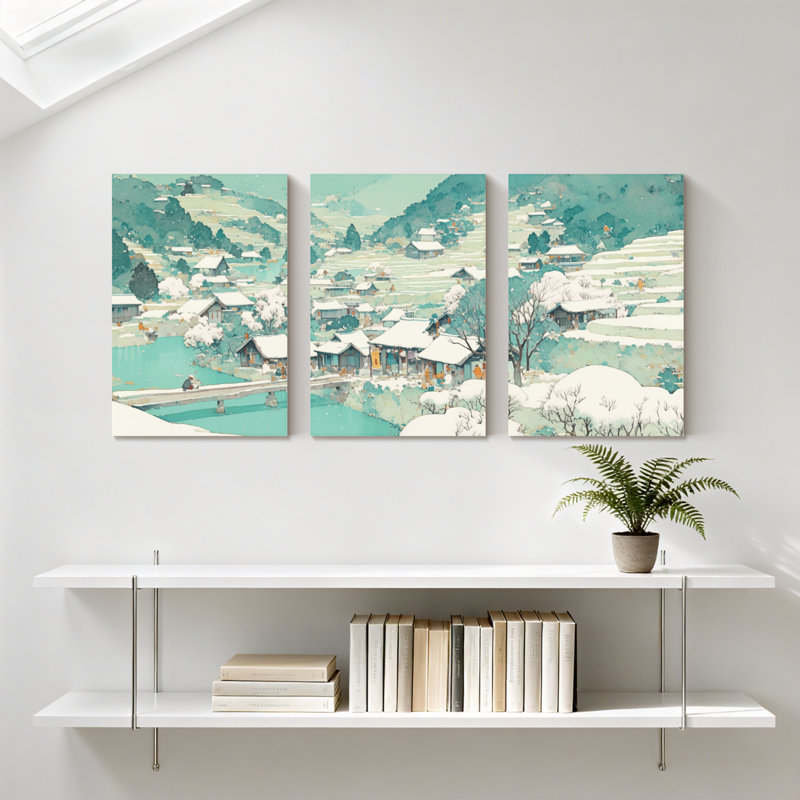 Paysage et nature, paysage de village d'hiver avec maisons enneigées et pont, ensemble de 3 impressions sur toile