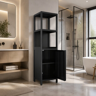 Armoire de rangement en bambou noir de 15,85 mètres de hauteur avec étagères ouvertes et portes pour salle de bain, chambre ou salon