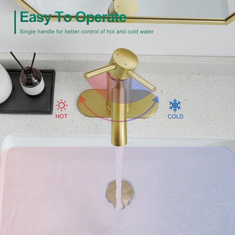 Robinet de salle de bain or brossé à un trou, robinet de salle de bain moderne à poignée simple pour lavabo à 1 ou 3 trous avec bonde escamotable en métal, plaque de pont, pour meuble-lavabo, lavabo à télécommande