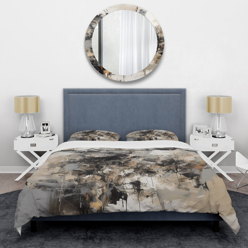 Ensemble de housse de couette abstrait gris et noir Inner Worlds of Marble III - microfibre de polyester
