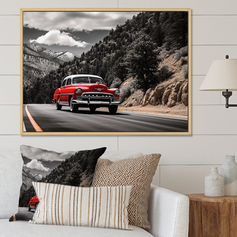 «Red Classic Car Vintage Drive - Transport», art mural sur toile, Cadre naturel flottant, H 34 po x l 44 po x P 1,5 po