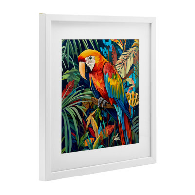 «Jungle Parrot Amid Leaves», reproduction encadrée sous verre, design par LSR Design Studio
