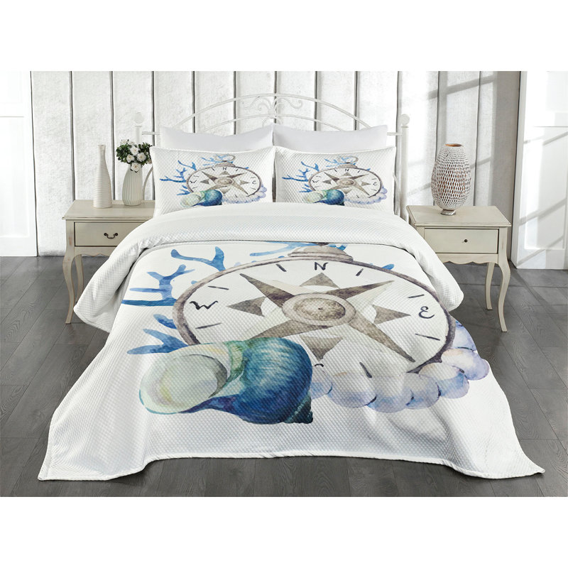 Ambesonne Compass Bedspread Set Watercolor Nautical Navy Blue Eggshell, King Bedspread + 2 Standard Shams
