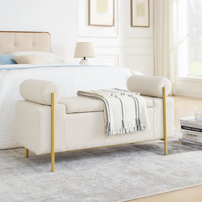 Upholstered Velvet Storage Bench With Cylindrical Arms And Iron Legs