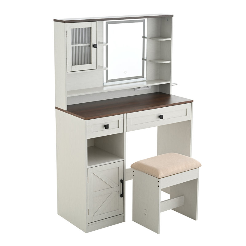 Ensemble de coiffeuse avec miroir à DEL et prises intégrées, Brun / Blanc