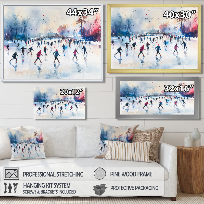 «Ice Skating Winter Landscape III», art mural paysage d'hiver, 12" H x 20" W, Picture Framed Print, Black