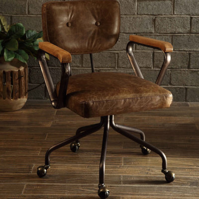 Vintage Style Swivel Office Chair - Leather And Charming Nailhead Trim Elegant Whiskey Top Grain Appealing