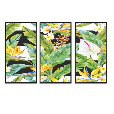 Feuillage tropical et fleurs jaunes IV - 3 pièces, peinture sur toile