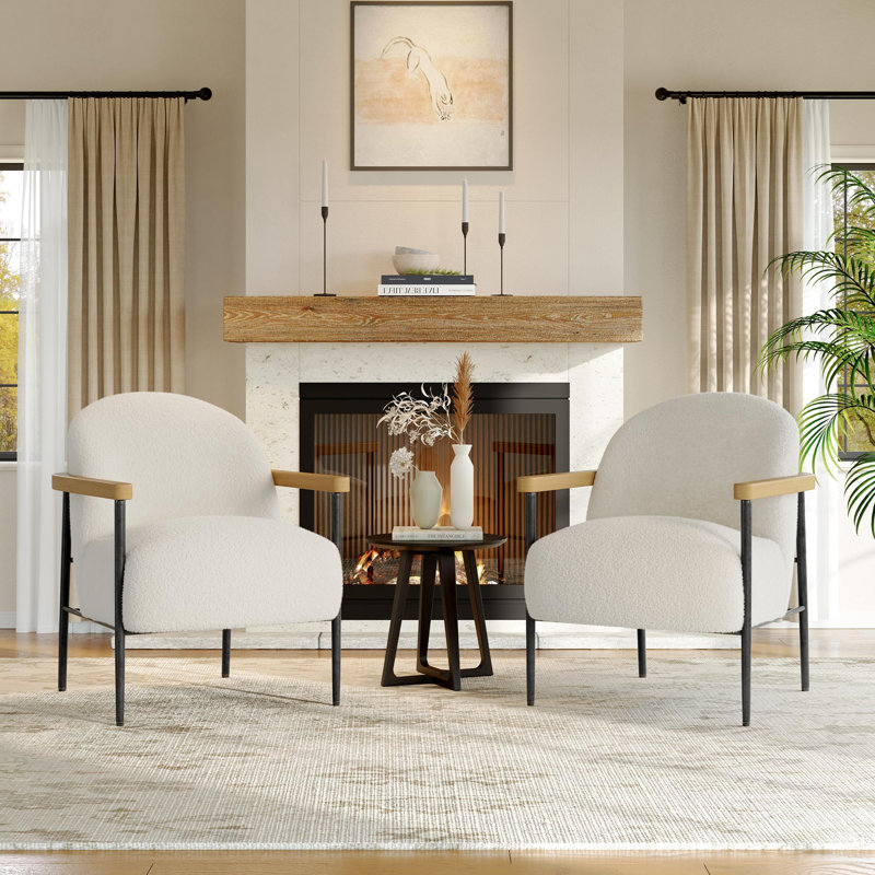 Comfy Modern Accent Chair Set - White Soft Fabric Upholstered Armchairs with Wood Arms, Ergonomic Oversized Support, Ideal for Living Room, Bedroom, Office, Lounge