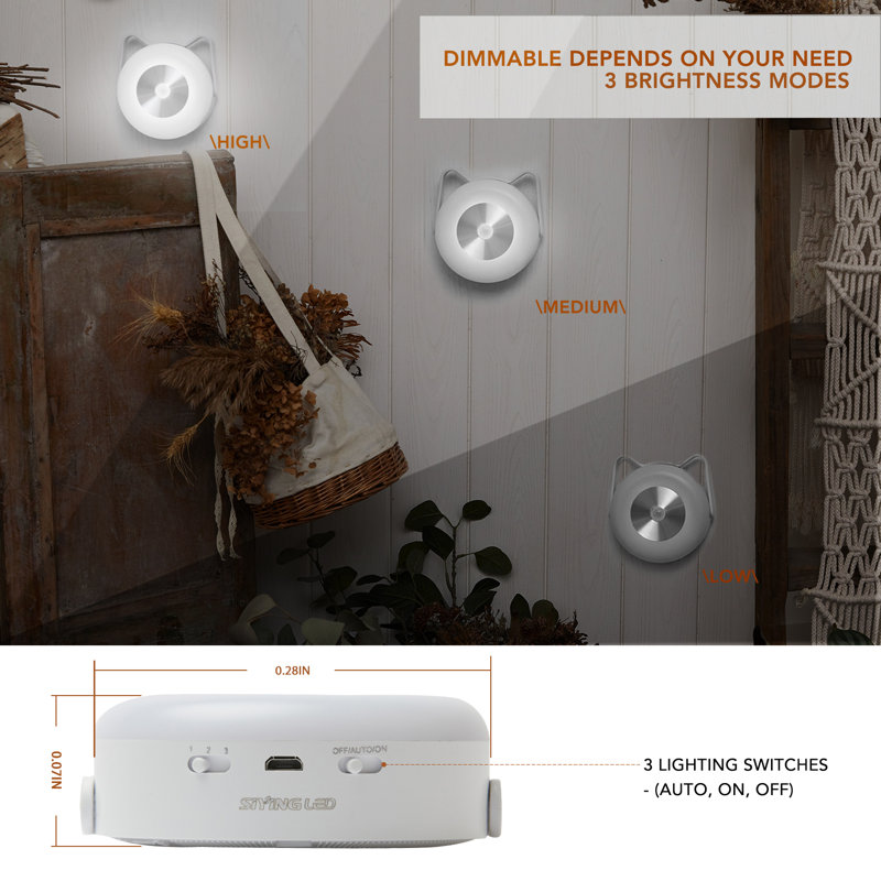 6000K Cool White Motion Light Sensor LED 2-Light Night Light, Cute Cat Appearance USB Rechargeable