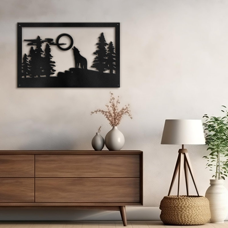 Loup loup dans la forêt, décoration murale abstraite moderne, décoration suspendue, décoration murale en métal, Noir