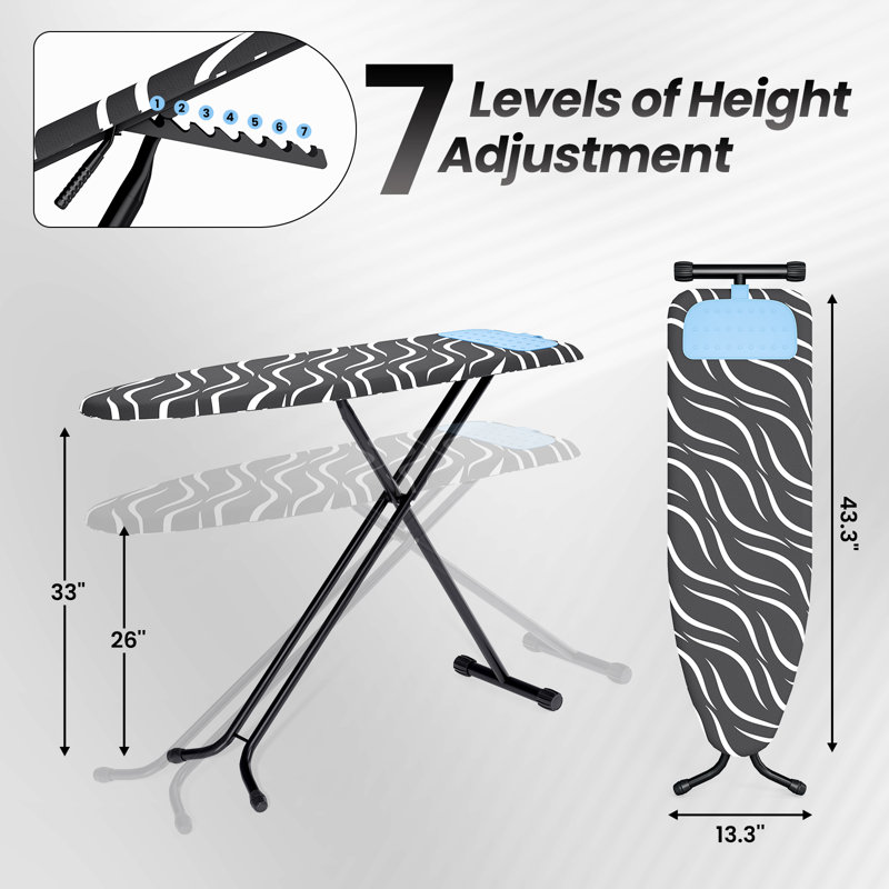 7 Height Adjustable Ironing Board with Silicon Iron Rest, Space Saver Foldable Ironing Board, Metal Heavy Duty Iron Board