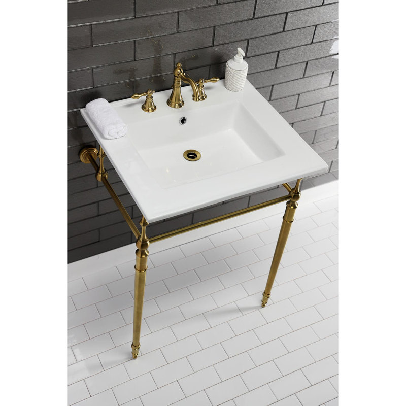 Kingston Brass Edwardian 25-Inch Ceramic Console Sink with Brass Legs (8-Inch, 3-Hole), White/Brushed Brass
