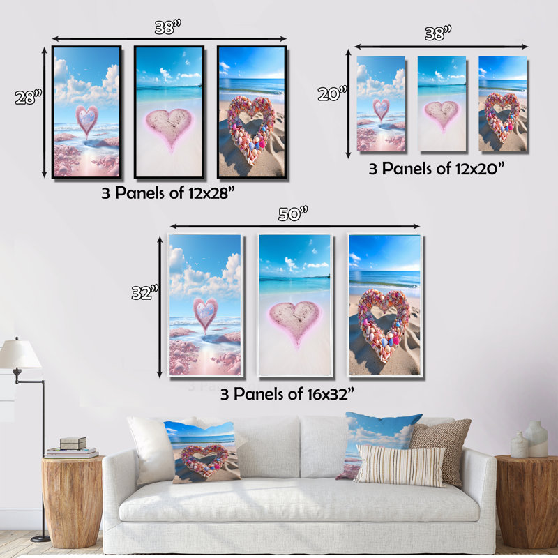 «Glorious Pink Heart On Tropical Beach I», 3 pièces sur toile, Cadre flottant doré, H 40 po x l 60 po
