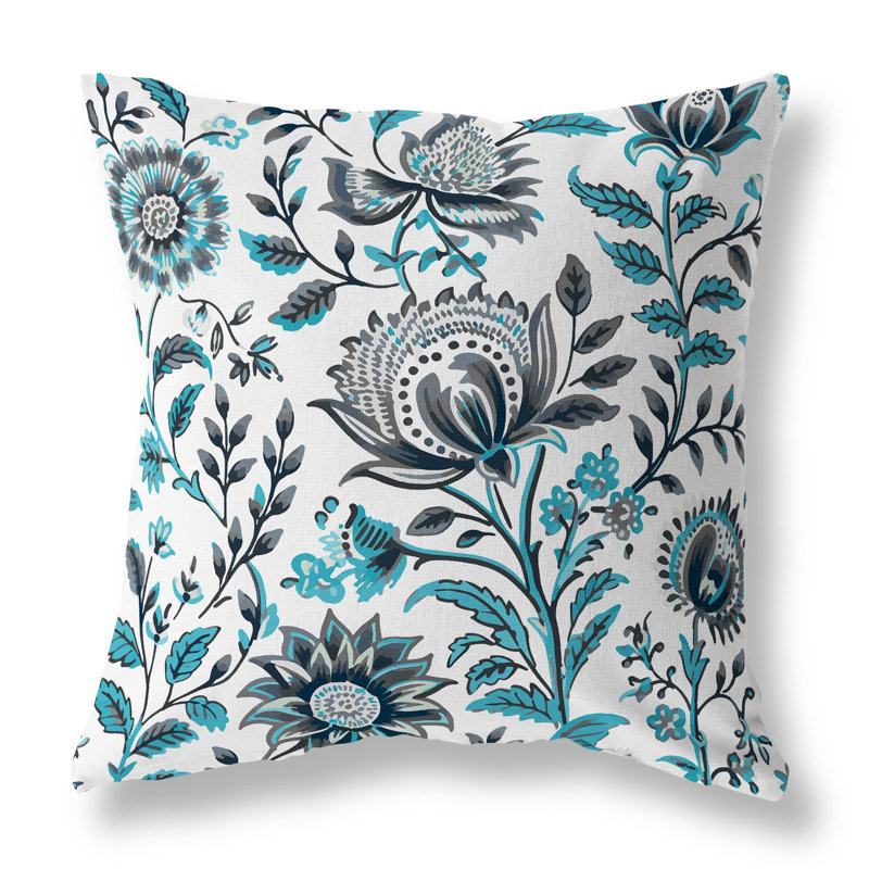 Coussin Sanganeri, H 26 po x l 26 po, Turquoise / gris floral