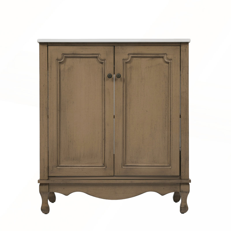 Ensemble de meuble-lavabo à double cuve rétro avec boutons antiques et tablettes réglables pour un rangement élégant et fonctionnel
