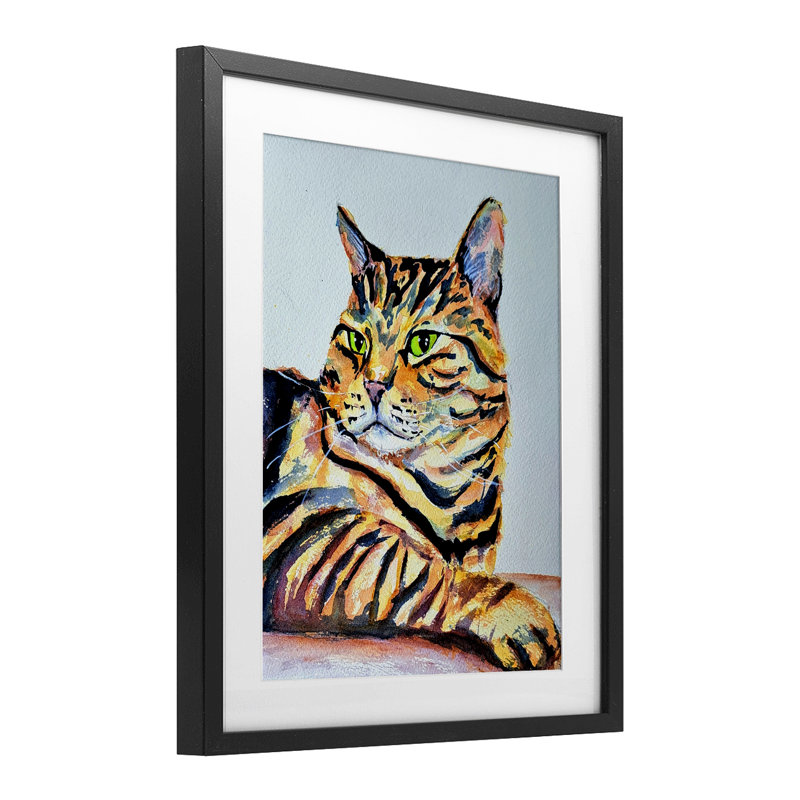 Reproduction sous verre rayé orange, pose de Tatiana Roberts, H 16 po x l 13 po, Cadre noir minuit