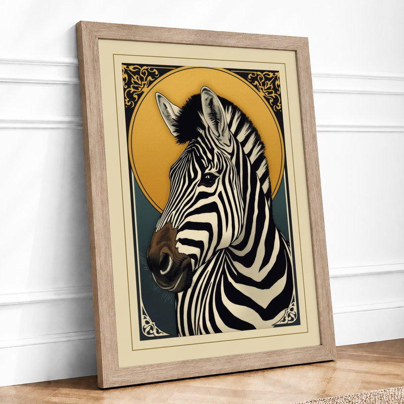 Zebra in Gold Circle Art Deco - Framed Print, A3 - 42.0 x 29.7 cm, Oak