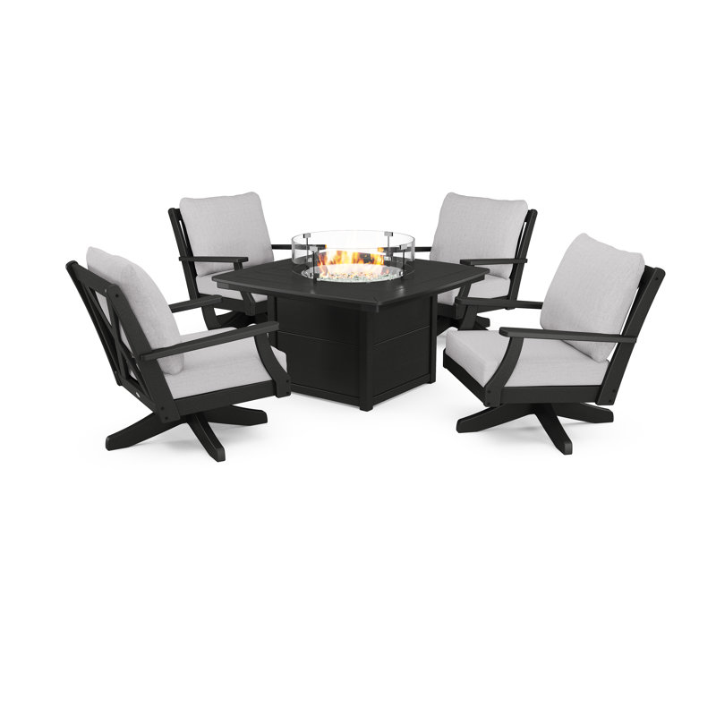 Braxton 5-Piece Deep Seating Swivel Conversation Set with Fire Pit Table, Mahogany, Weathered Tweed