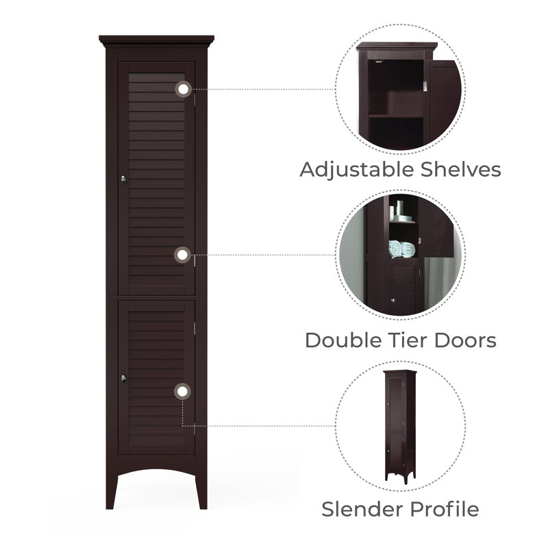 Benicio Freestanding Linen Accent Tower Cabinet with Faux Louvered Doors and Adjustable Shelf, Dark Brown