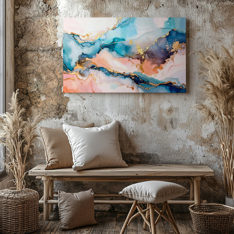 «Dreamy Horizon», art abstrait sur toile, pêche et bleu turquoise, toile tendue prête à accrocher, H 9 po x l 12 po