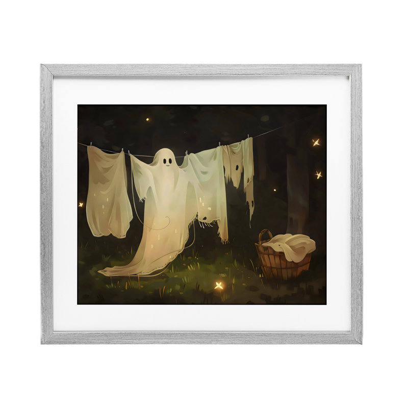 «Halloween Laundry Ghost», reproduction d'art sous verre encadrée par Arlington Prints, Cadre de ferme gris
