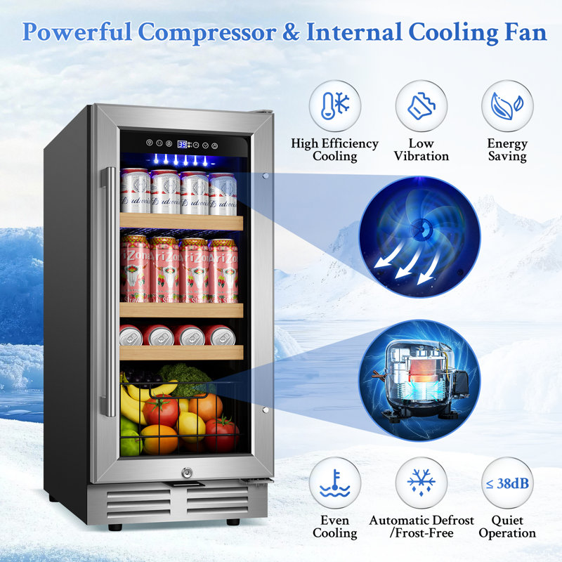 15 Inch Beverage Refrigerator - 130 Can Built-In/Freestanding Beverage Cooler, Beer & Drink Fridge with Metal Basket, Reversible Glass Door